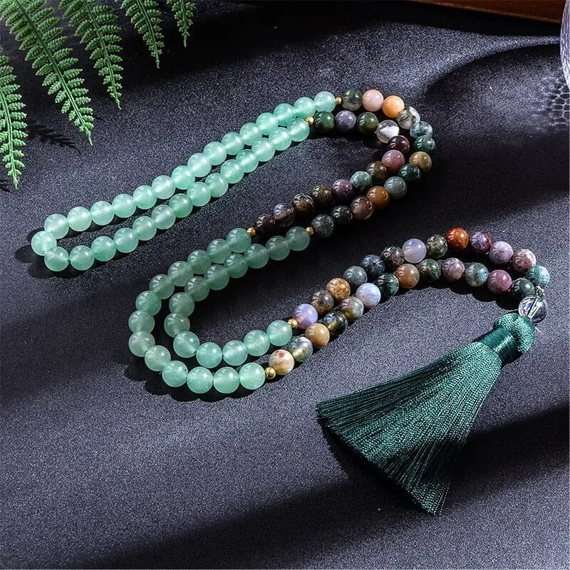 Indian Agate Green Aventurine Beads Japamala Necklace/Bracelet Set