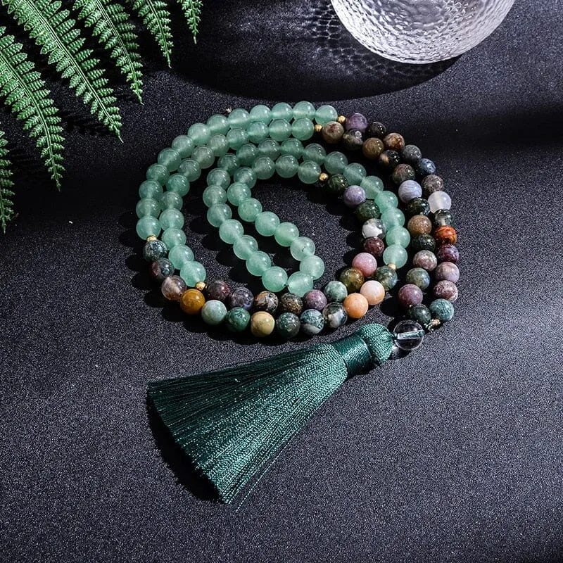 Indian Agate Green Aventurine Beads Japamala Necklace/Bracelet Set