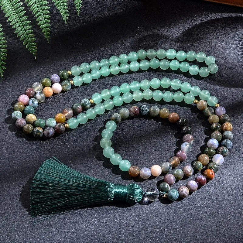 Indian Agate Green Aventurine Beads Japamala Necklace/Bracelet Set