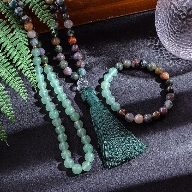 Indian Agate Green Aventurine Beads Japamala Necklace/Bracelet Set