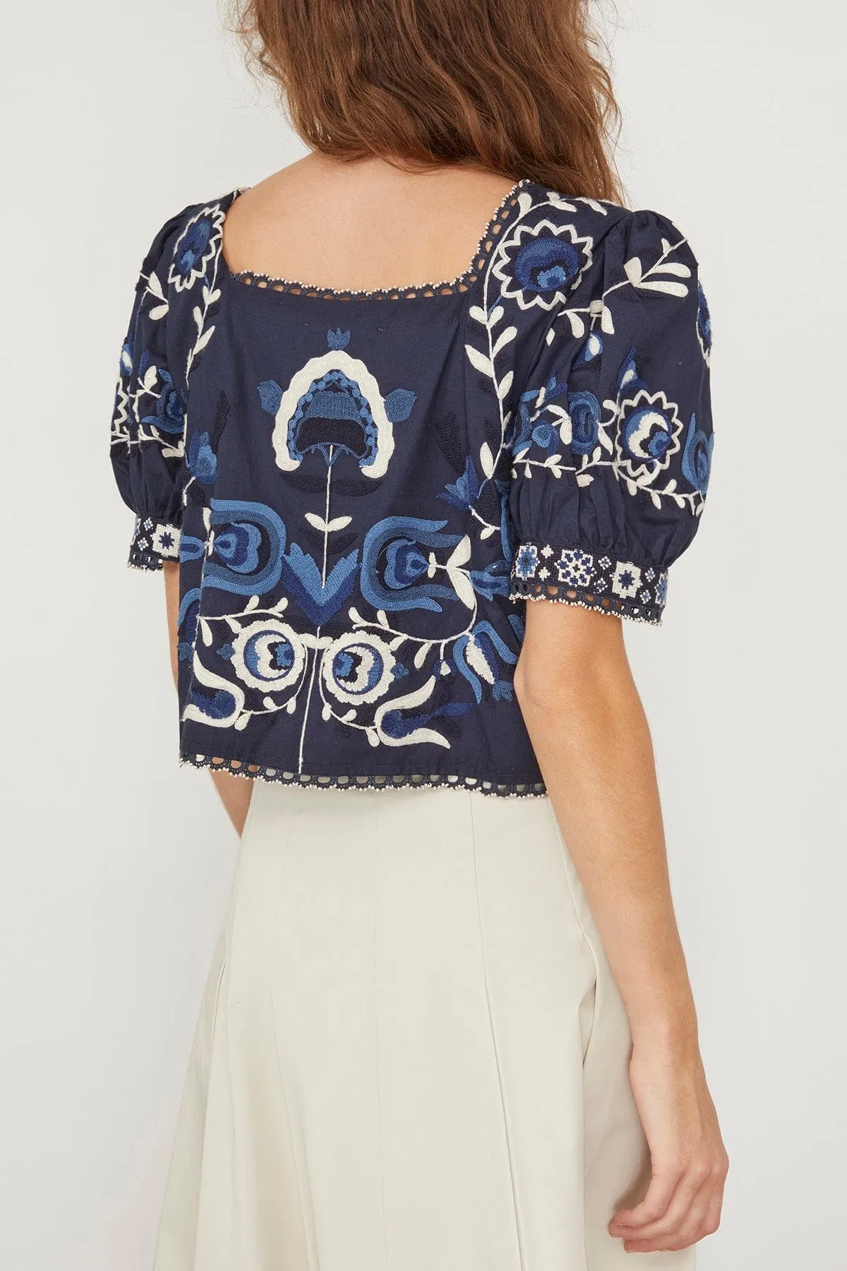 Inga Embroidered Puff Sleeve Top in Navy