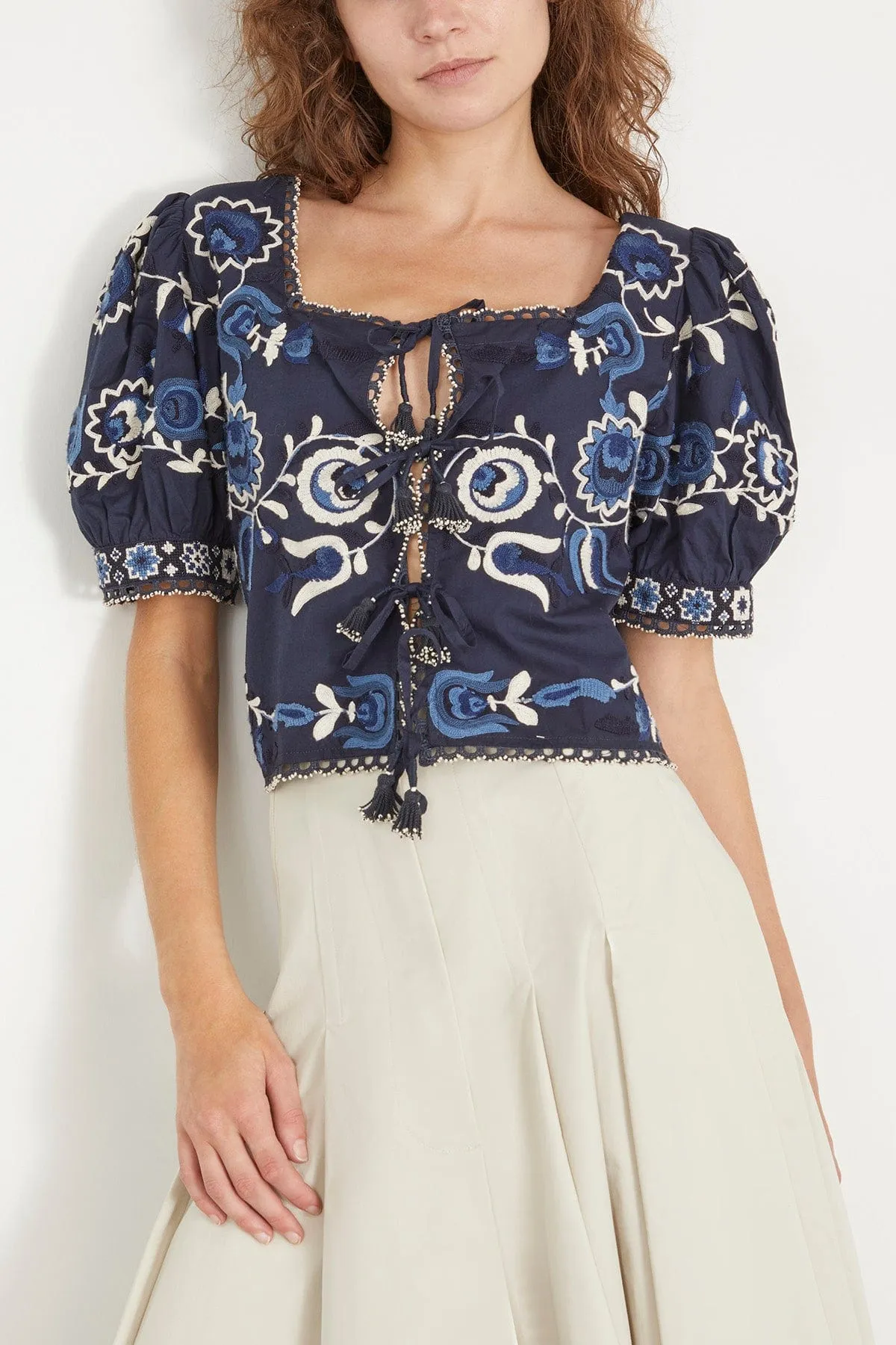 Inga Embroidered Puff Sleeve Top in Navy