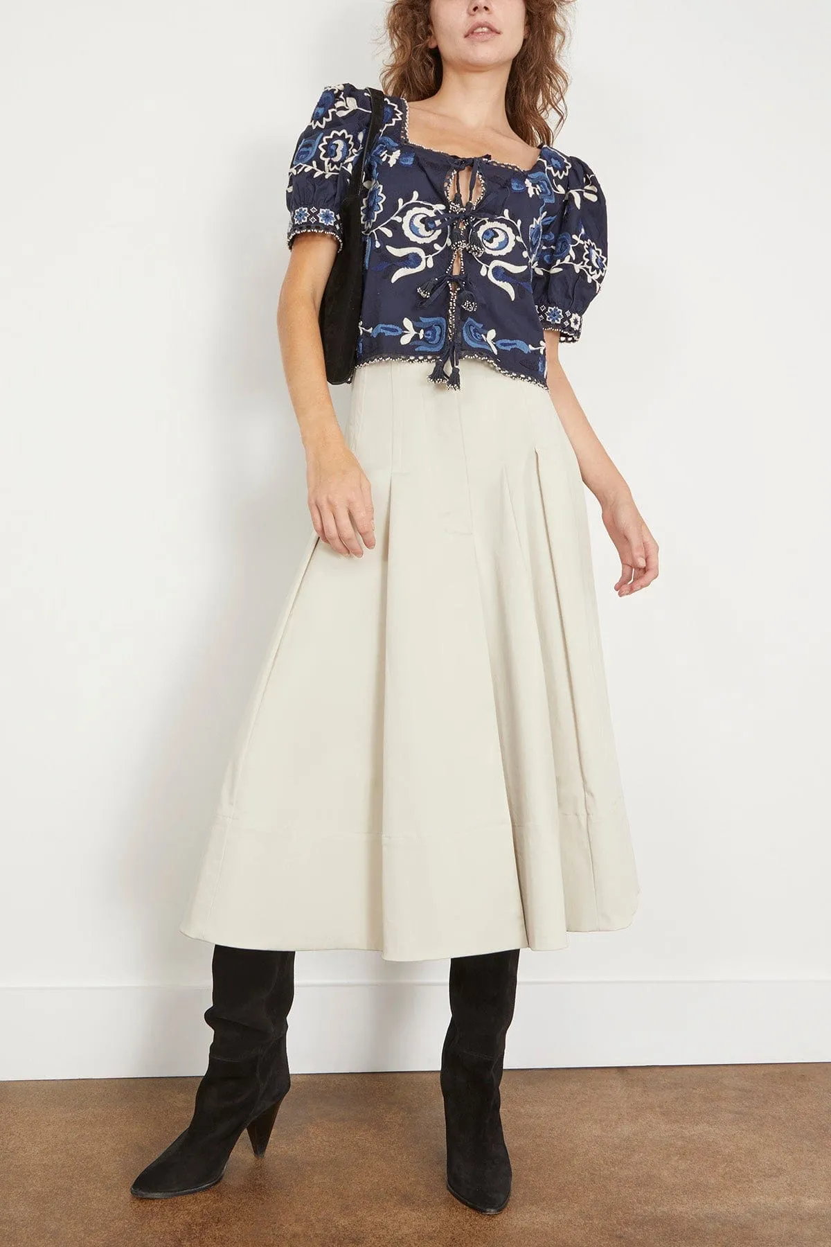 Inga Embroidered Puff Sleeve Top in Navy