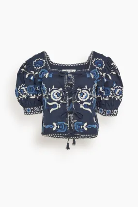 Inga Embroidered Puff Sleeve Top in Navy