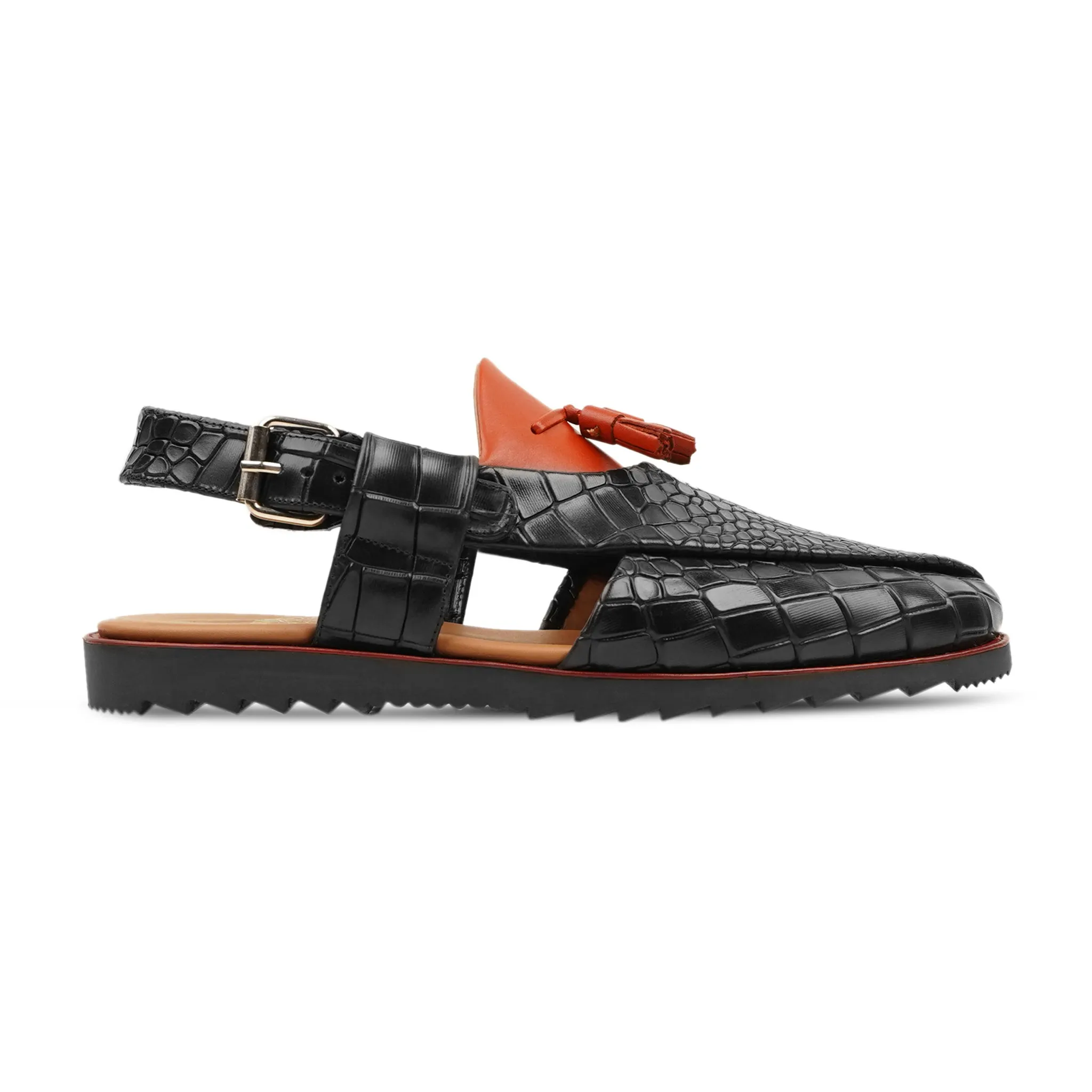 Jerg - Men's Tan Calf And Black Printed Crocodile Leather Sandal