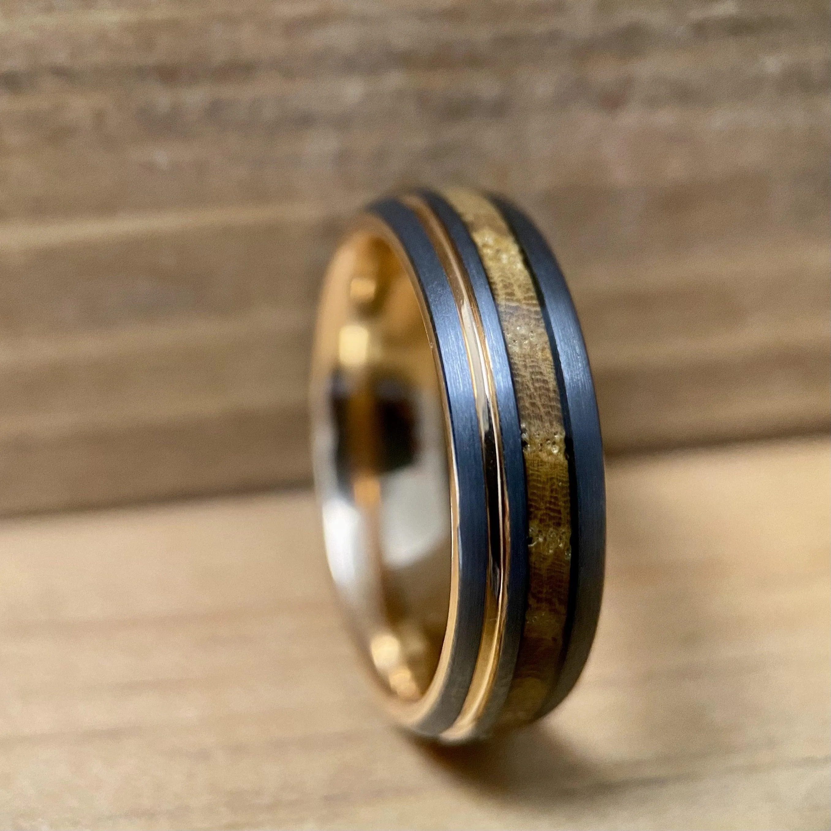 “Lady Rose” Tungsten Ring With Reclaimed Bourbon Barrel Wood And Rose Gold Color