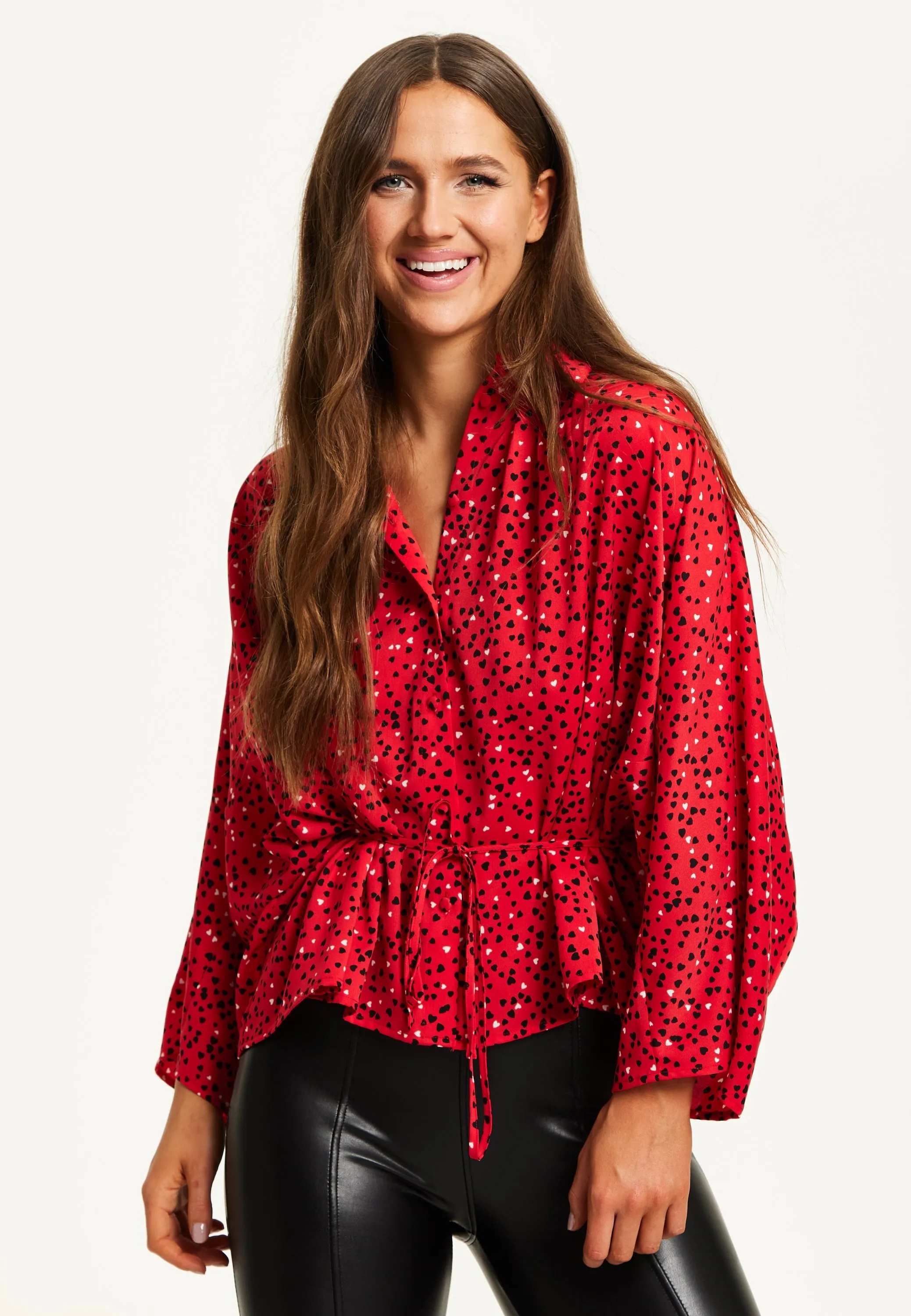 Liquorish Heart Print Shirt With Long Sleeves And Tie Waist