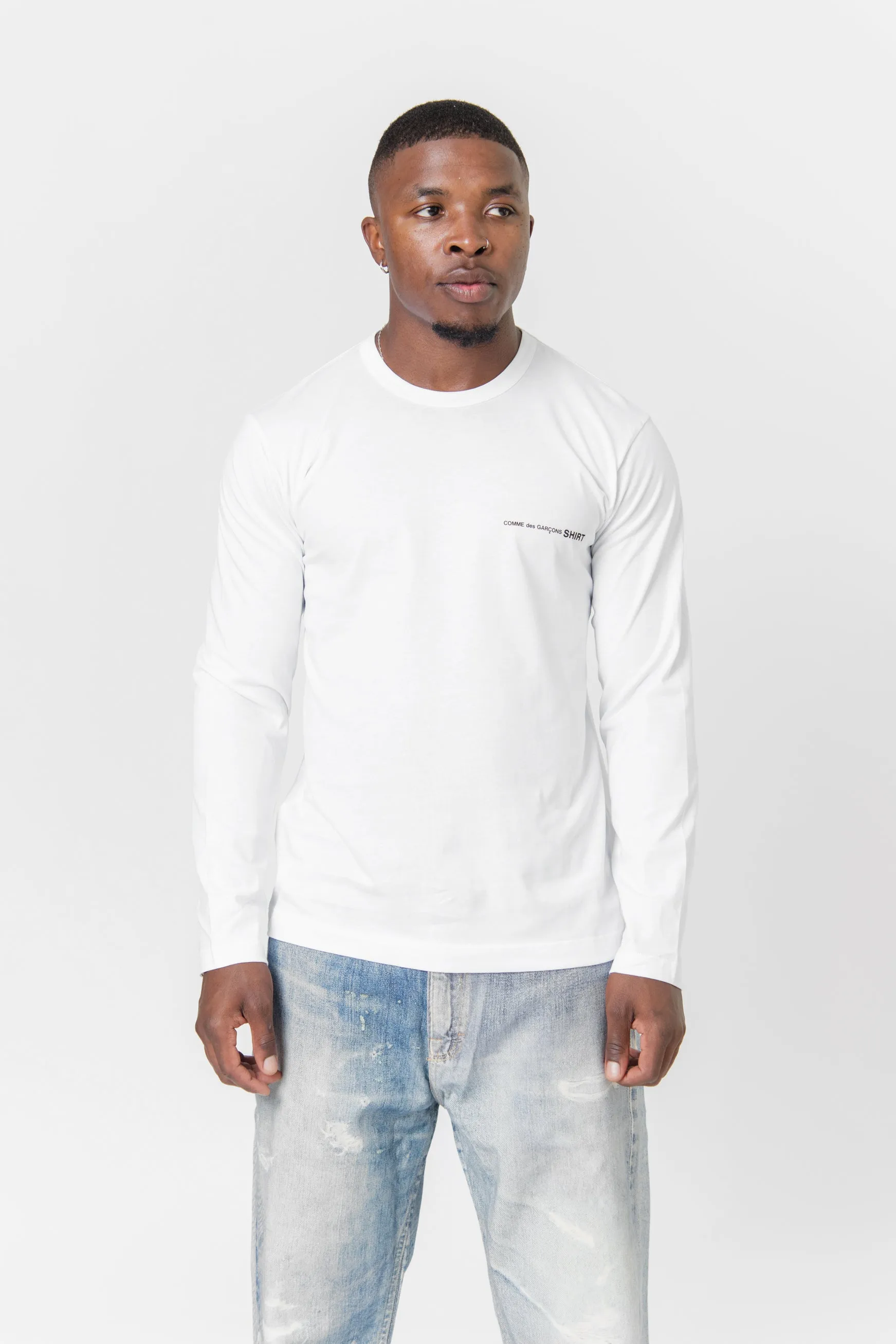 Long Sleeve Chest Print Logo Tee White T017