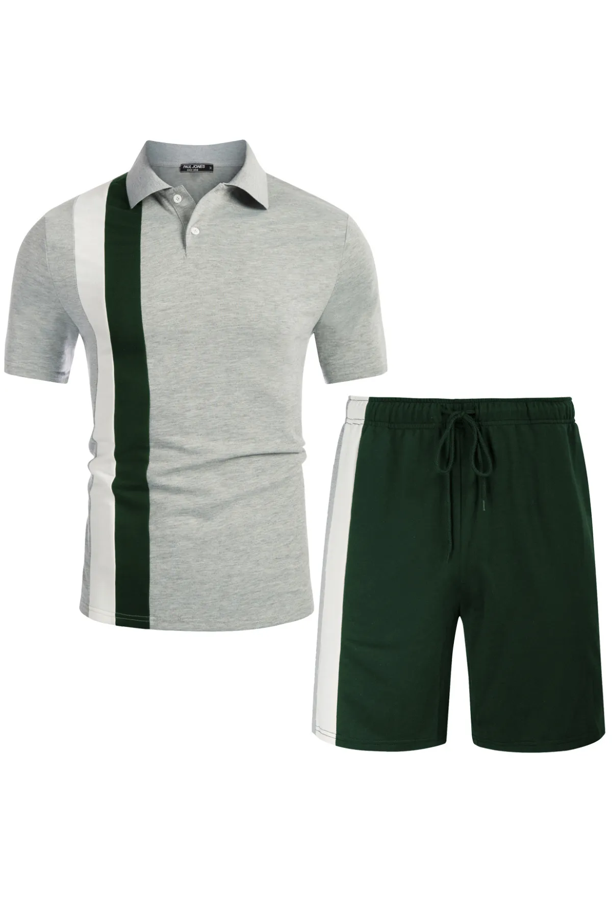 Men Contrast Color Outfits Casual Short Sleeve Polo-Shirt Shorts 2pcs Set