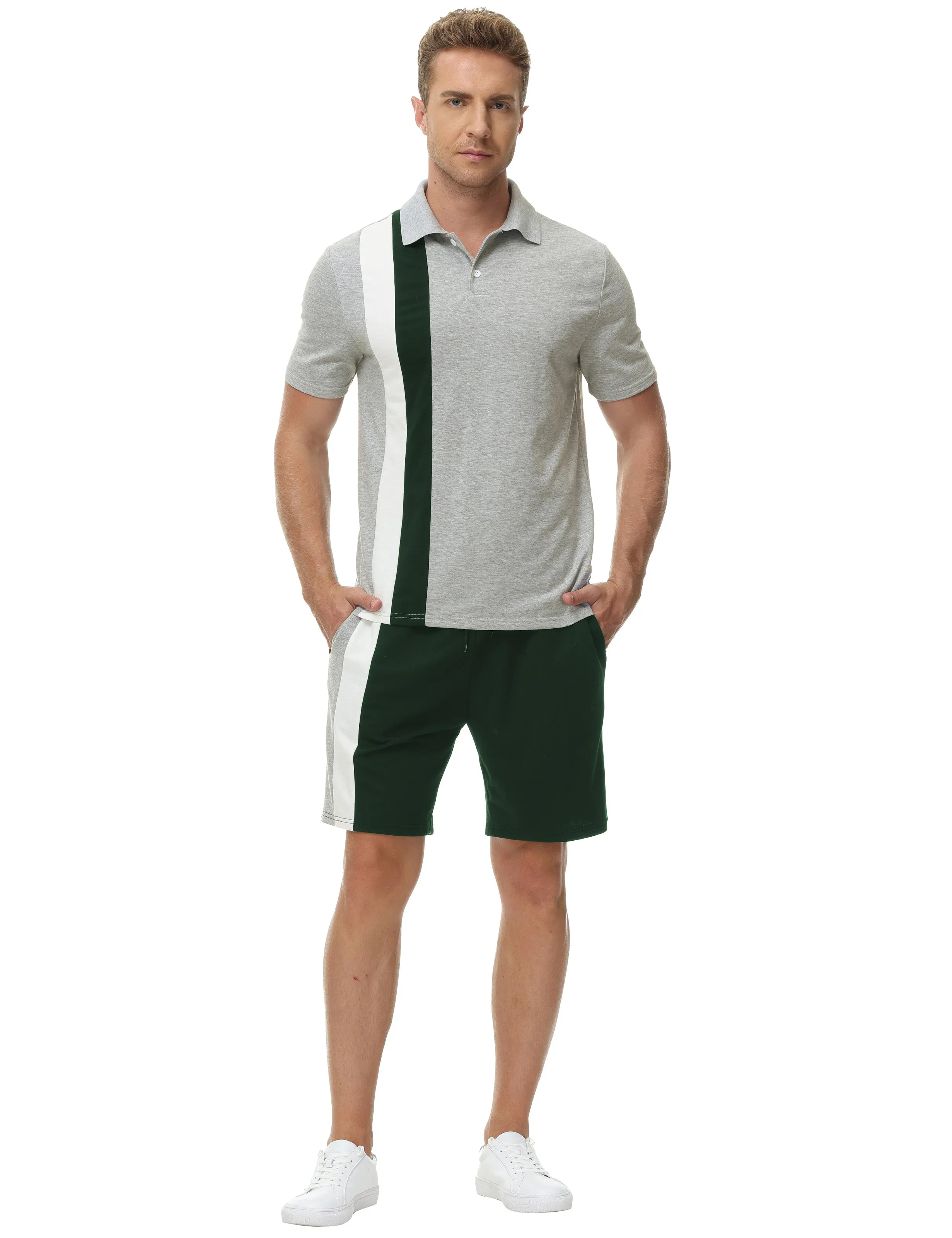 Men Contrast Color Outfits Casual Short Sleeve Polo-Shirt Shorts 2pcs Set