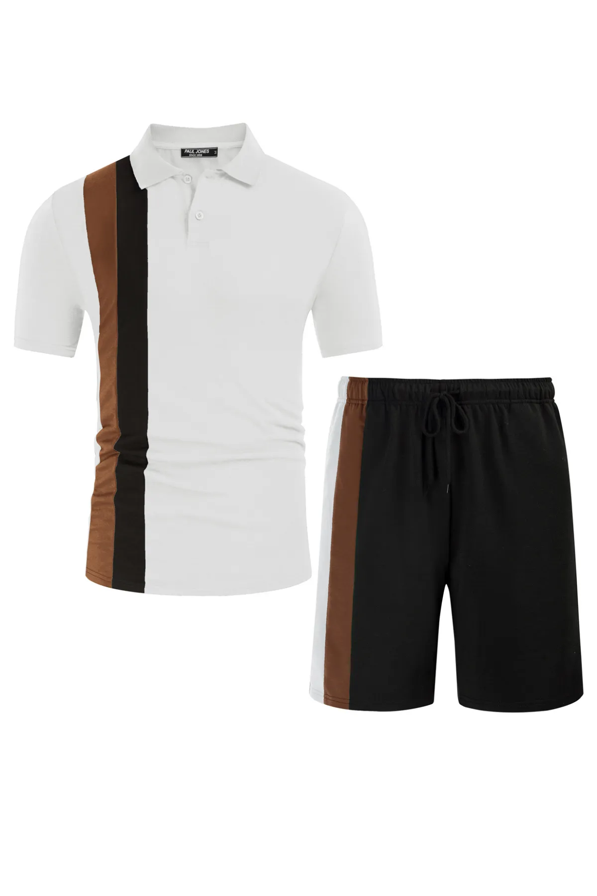 Men Contrast Color Outfits Casual Short Sleeve Polo-Shirt Shorts 2pcs Set