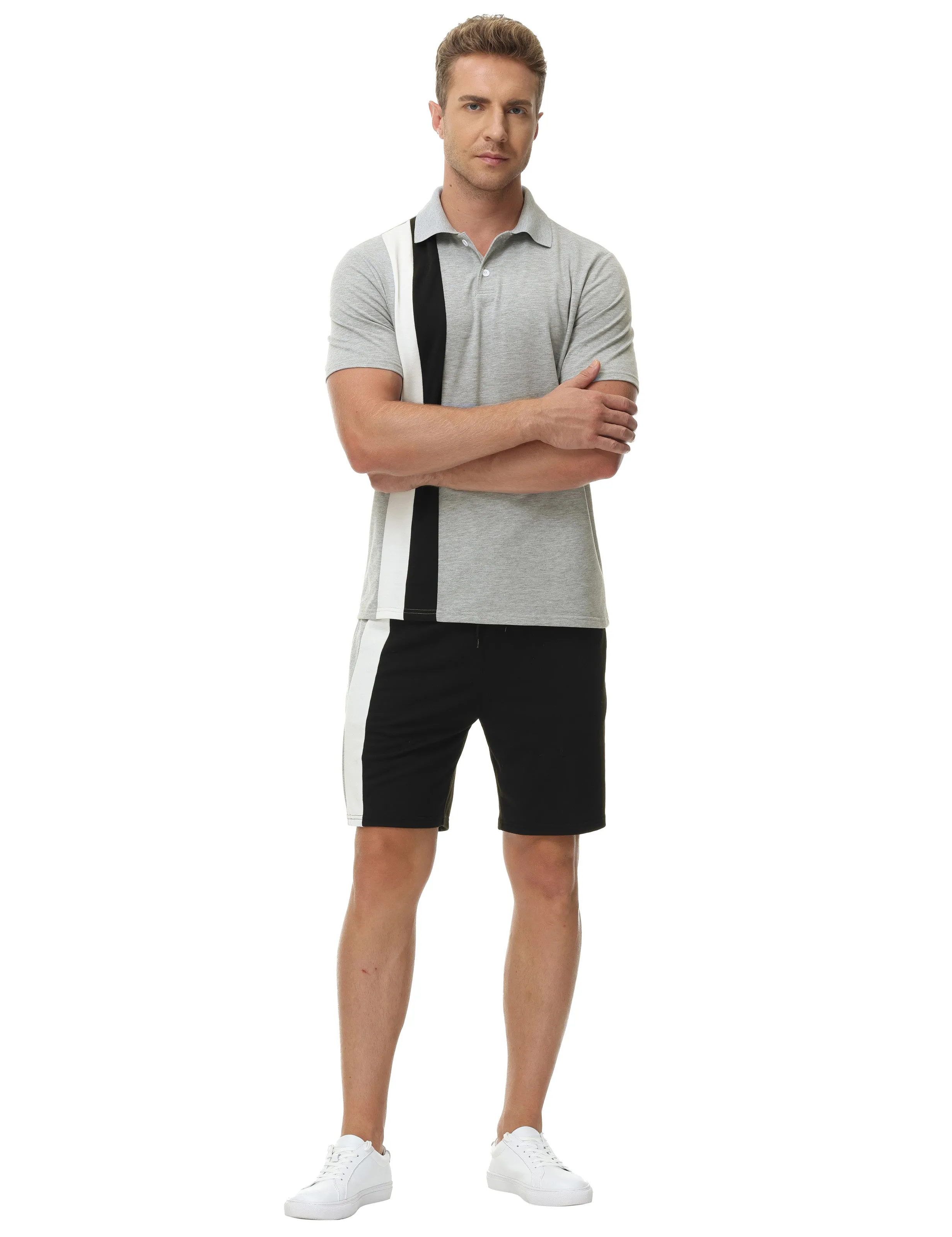 Men Contrast Color Outfits Casual Short Sleeve Polo-Shirt Shorts 2pcs Set