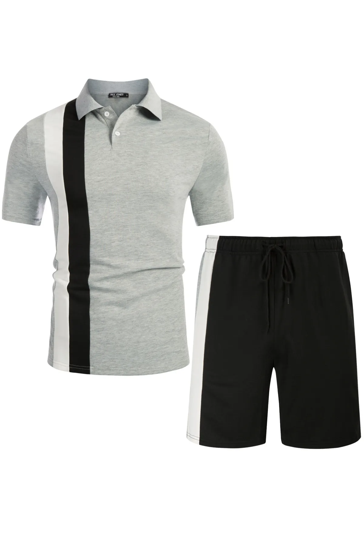 Men Contrast Color Outfits Casual Short Sleeve Polo-Shirt Shorts 2pcs Set