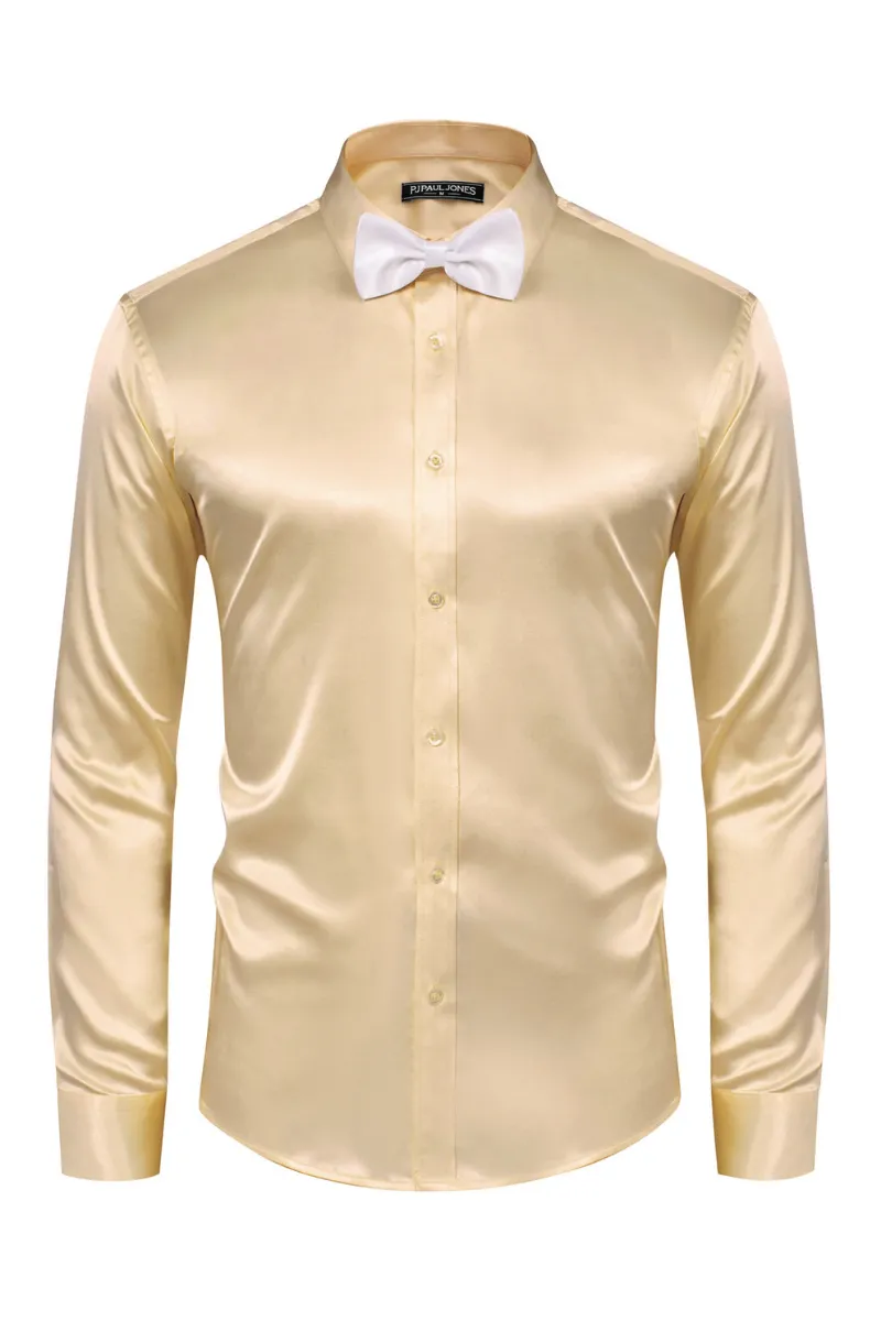 Men's Shiny Satin Dress Shirts Long Sleeve Button Down Silk Cardigans Shirt with Bow Ties