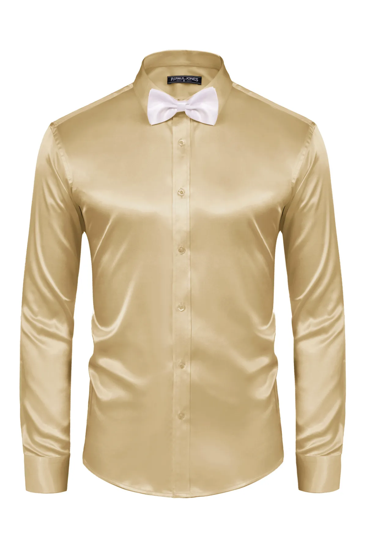 Men's Shiny Satin Dress Shirts Long Sleeve Button Down Silk Cardigans Shirt with Bow Ties