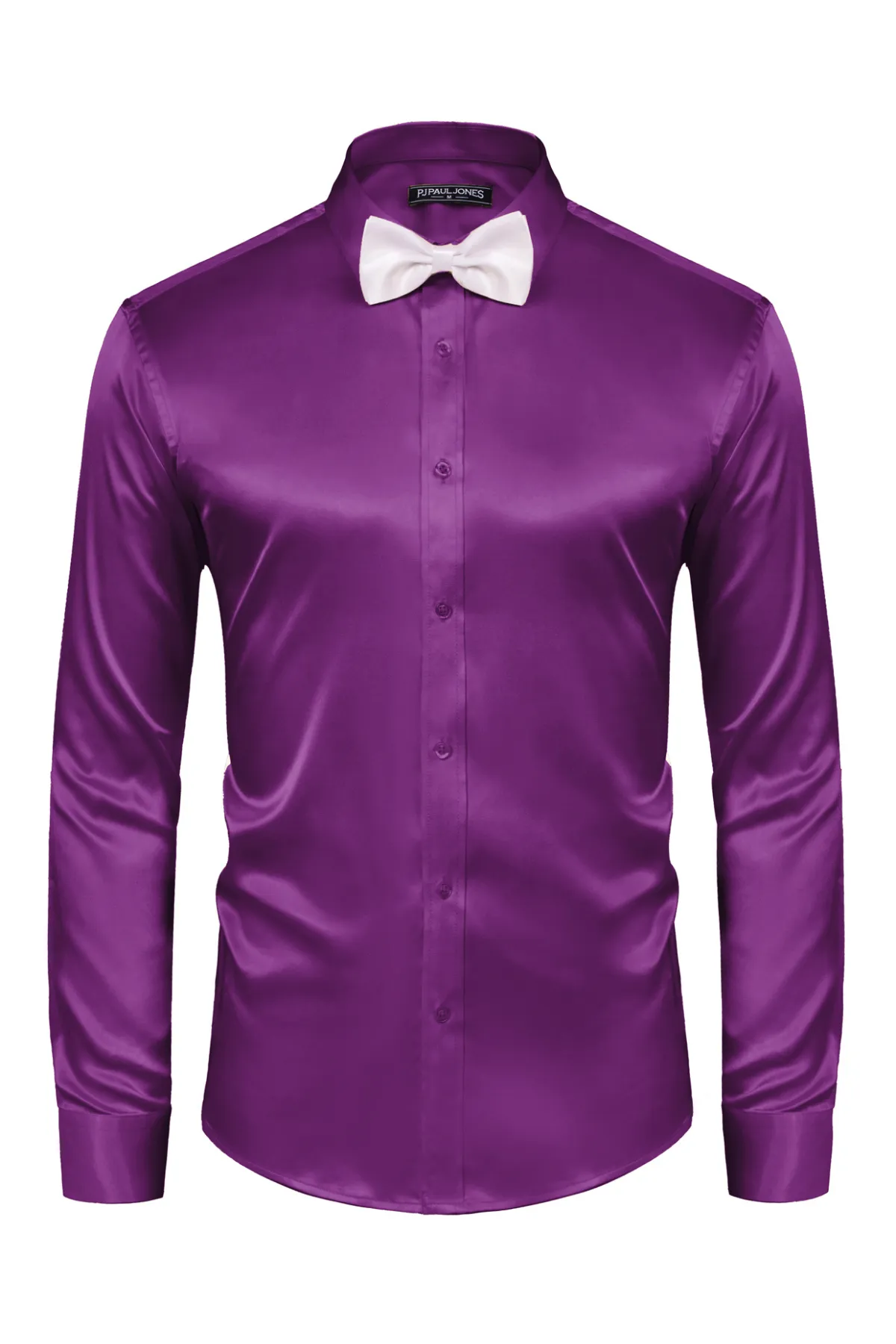 Men's Shiny Satin Dress Shirts Long Sleeve Button Down Silk Cardigans Shirt with Bow Ties