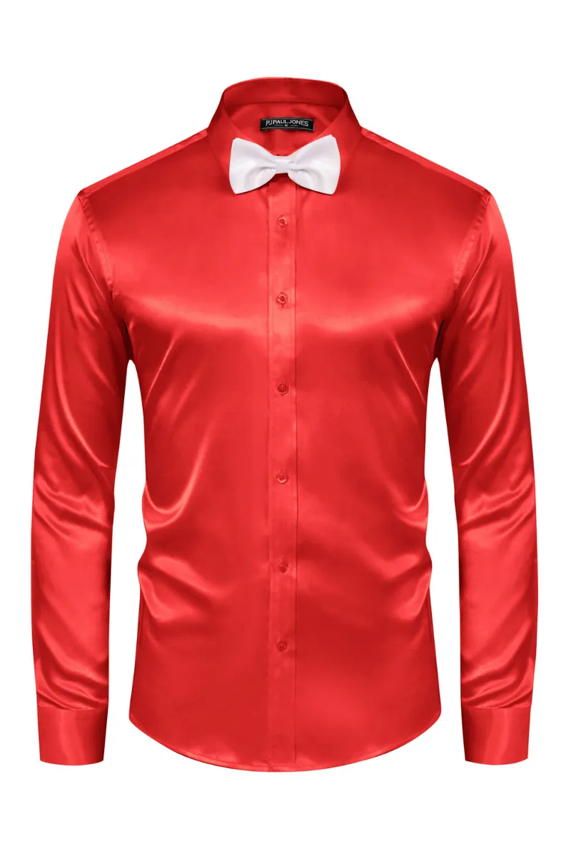 Men's Shiny Satin Dress Shirts Long Sleeve Button Down Silk Cardigans Shirt with Bow Ties