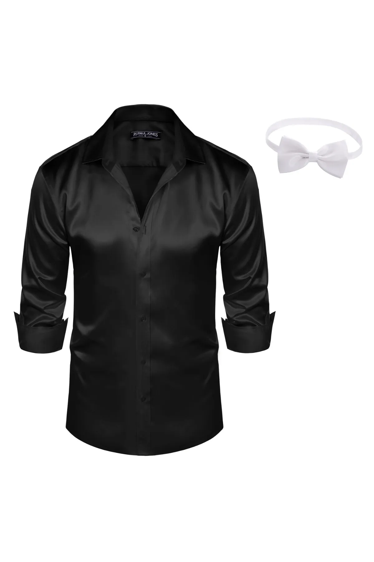 Men's Shiny Satin Dress Shirts Long Sleeve Button Down Silk Cardigans Shirt with Bow Ties