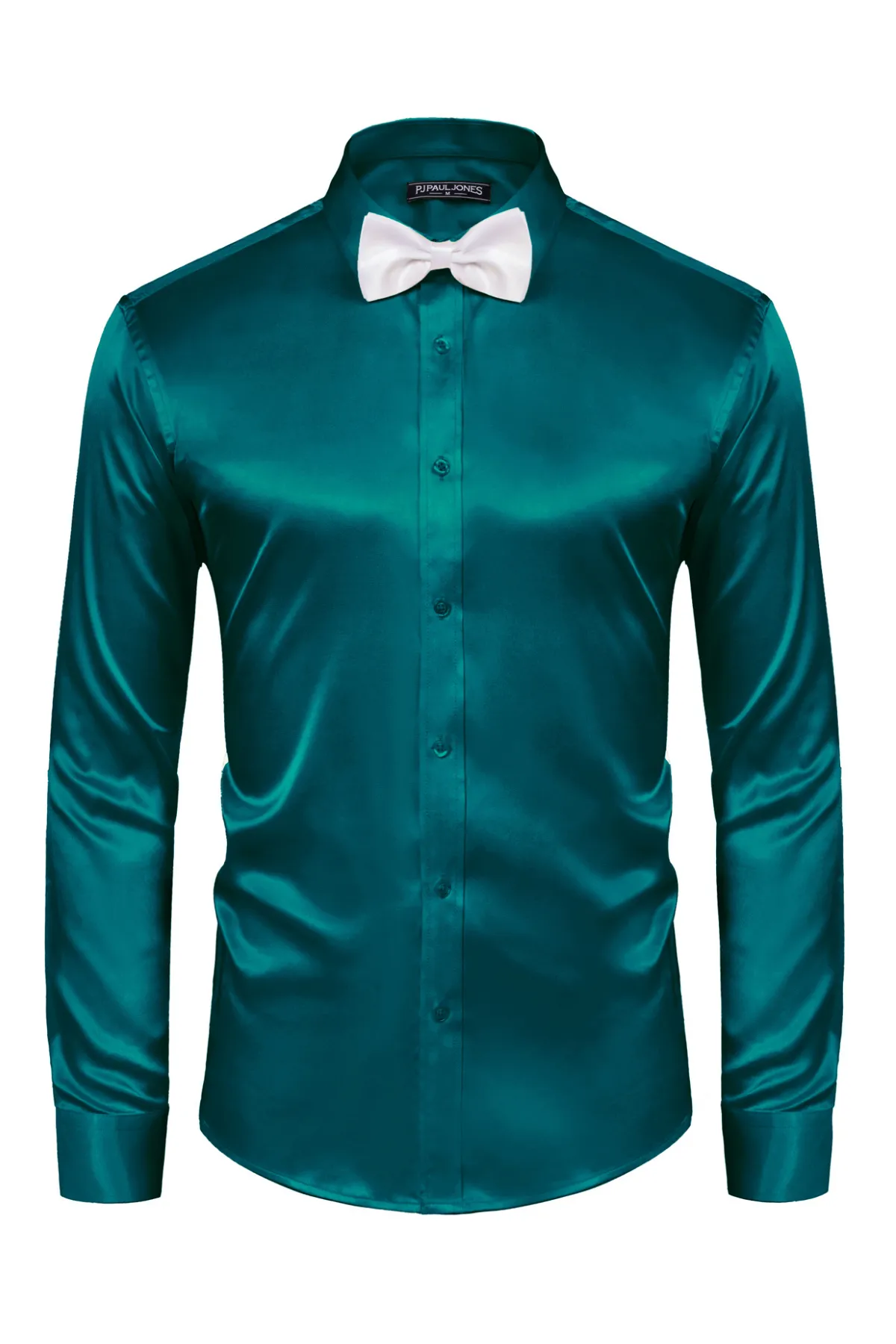 Men's Shiny Satin Dress Shirts Long Sleeve Button Down Silk Cardigans Shirt with Bow Ties