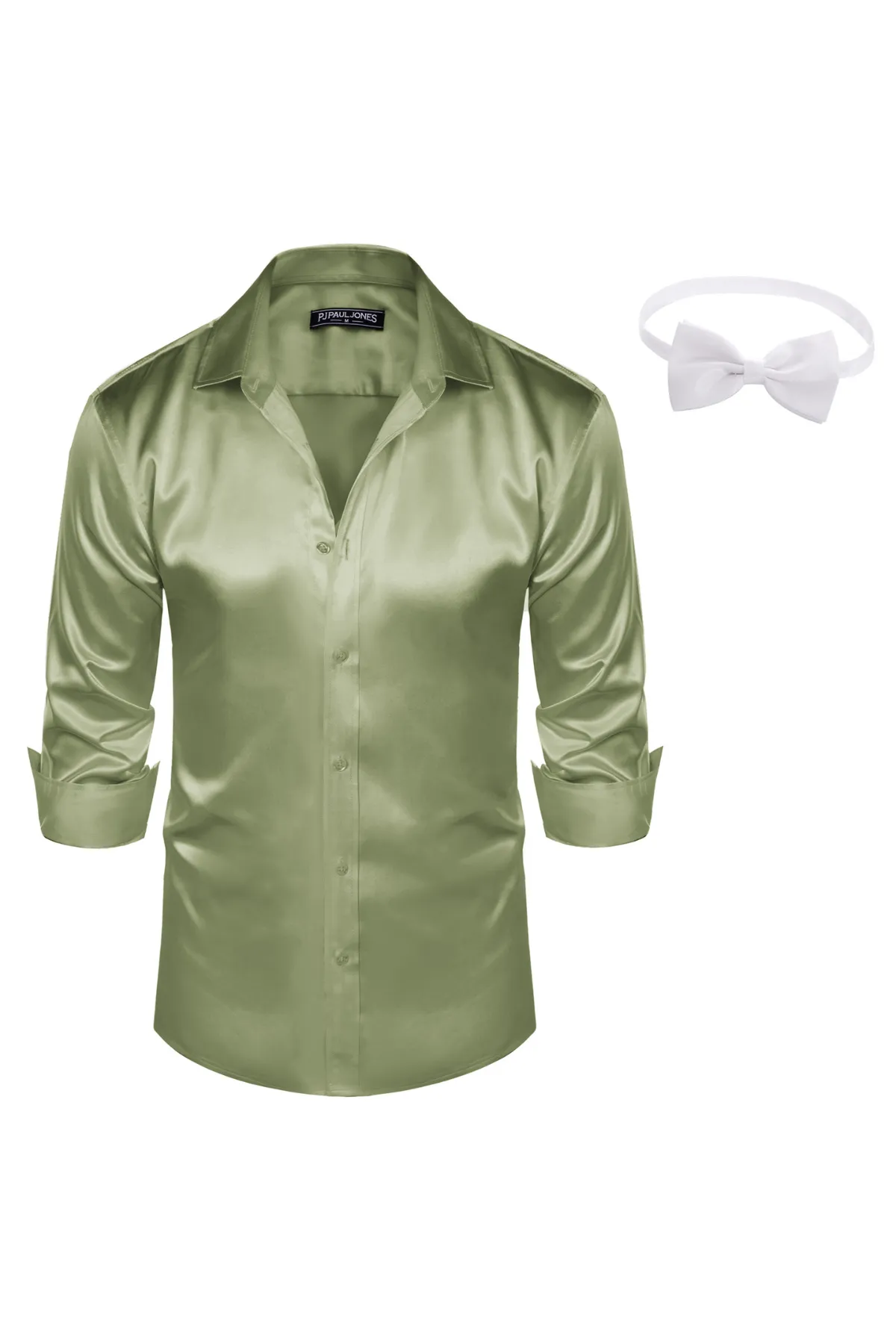 Men's Shiny Satin Dress Shirts Long Sleeve Button Down Silk Cardigans Shirt with Bow Ties