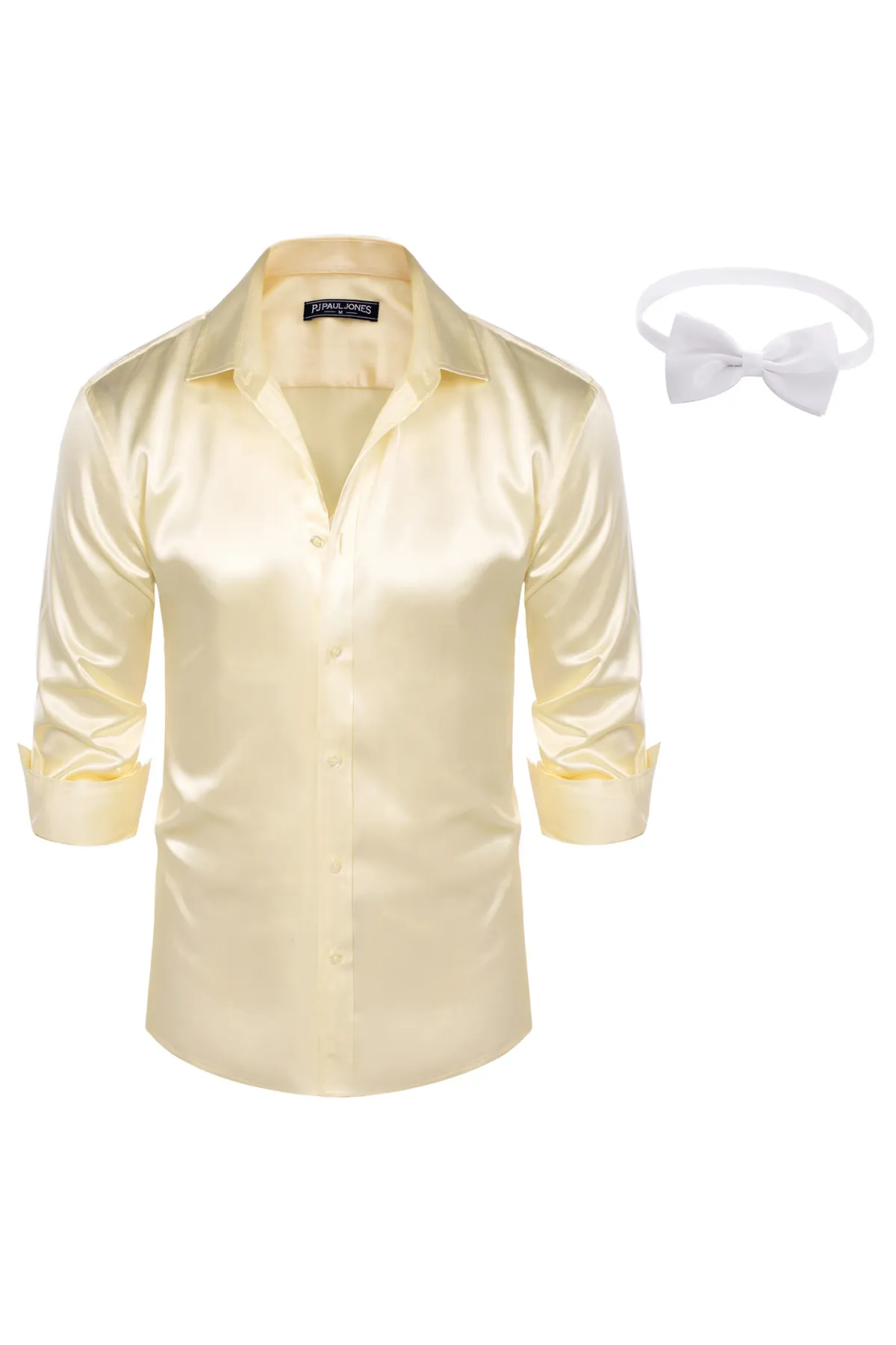 Men's Shiny Satin Dress Shirts Long Sleeve Button Down Silk Cardigans Shirt with Bow Ties