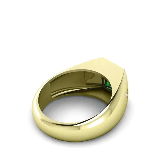 Men's Solid 18k Yellow Gold Gypsy Set Round 0.06ct Diamond Ring with Bezel Set Green Emerald Gemstone