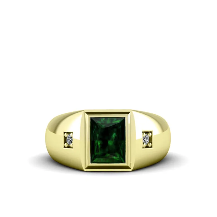 Men's Solid 18k Yellow Gold Gypsy Set Round 0.06ct Diamond Ring with Bezel Set Green Emerald Gemstone