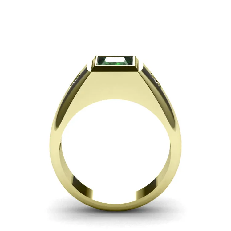 Men's Solid 18k Yellow Gold Gypsy Set Round 0.06ct Diamond Ring with Bezel Set Green Emerald Gemstone