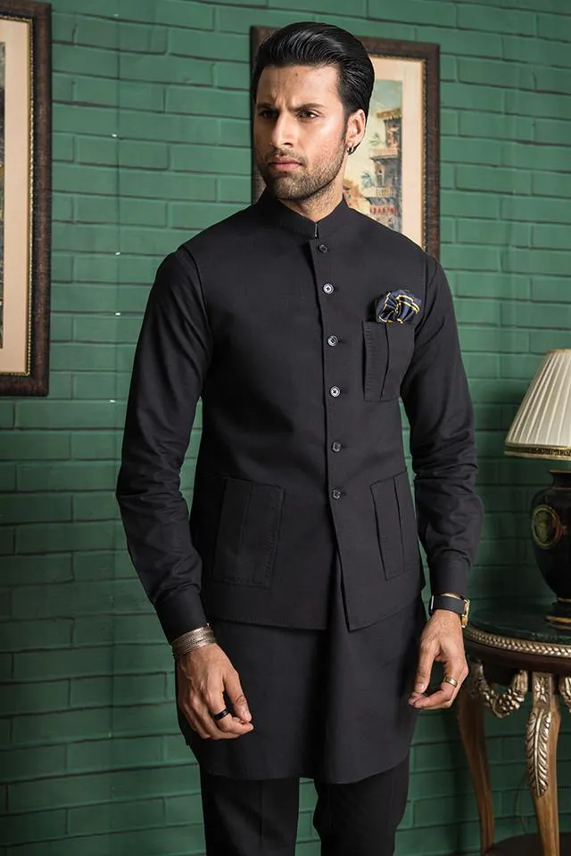 Nauroz Black Cotton Signature Waistcoat NAU09