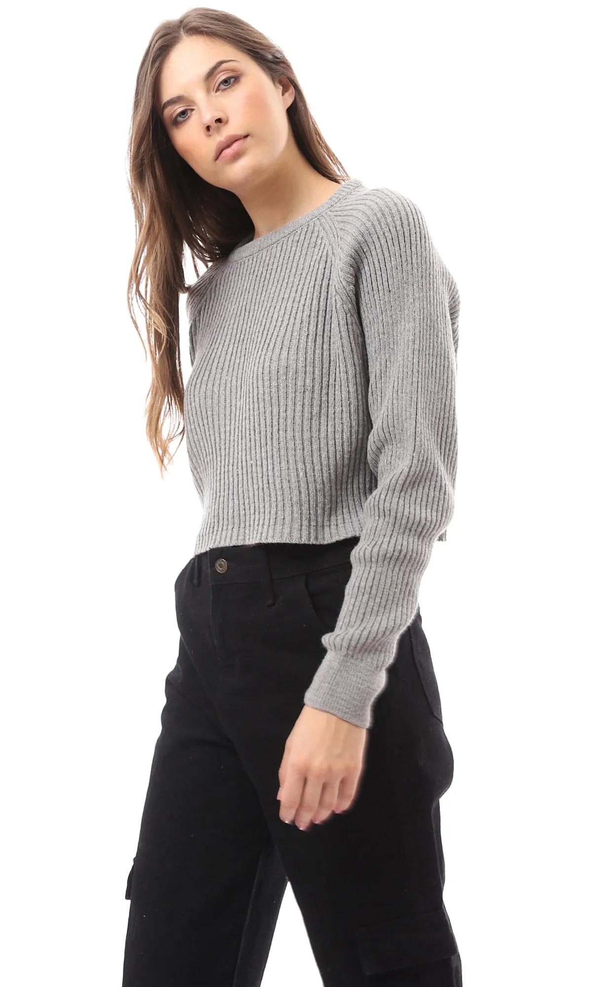 O171610 Crew Neck Light Grey Ribbed Winter Pullover