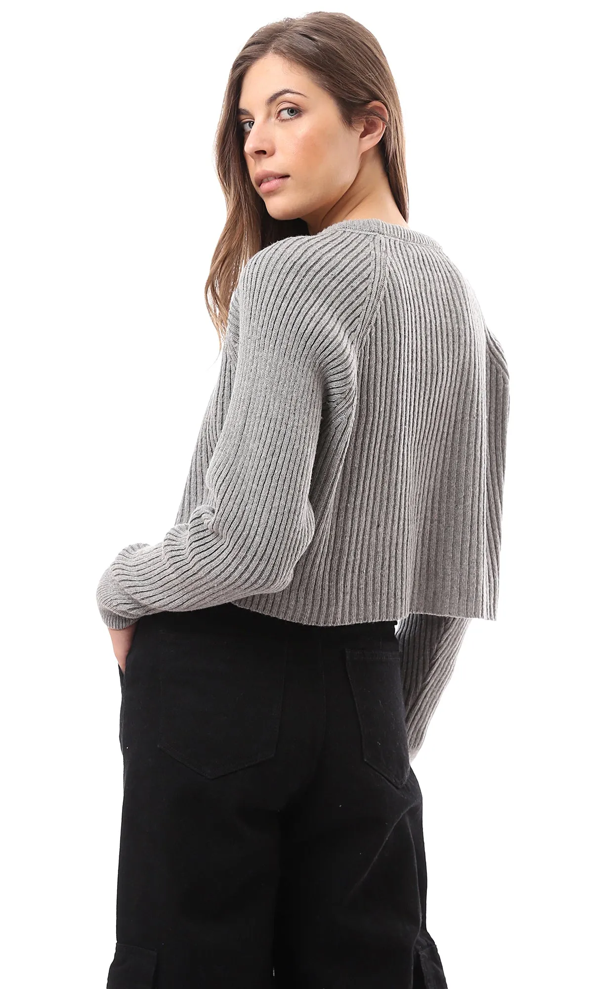 O171610 Crew Neck Light Grey Ribbed Winter Pullover