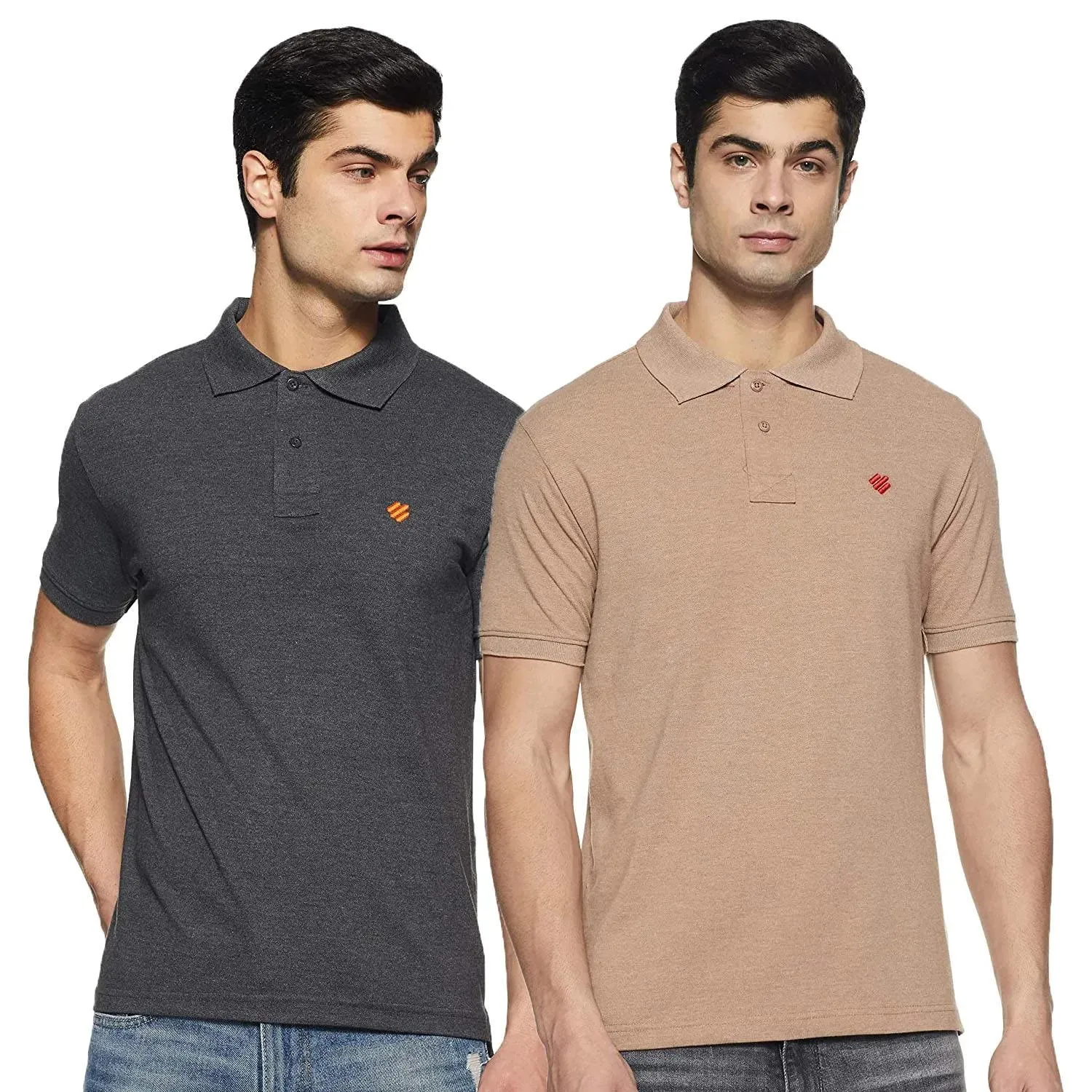 ONN Men's Cotton Polo T-Shirt (Pack of 2) in Solid Black Melange-Camel colours