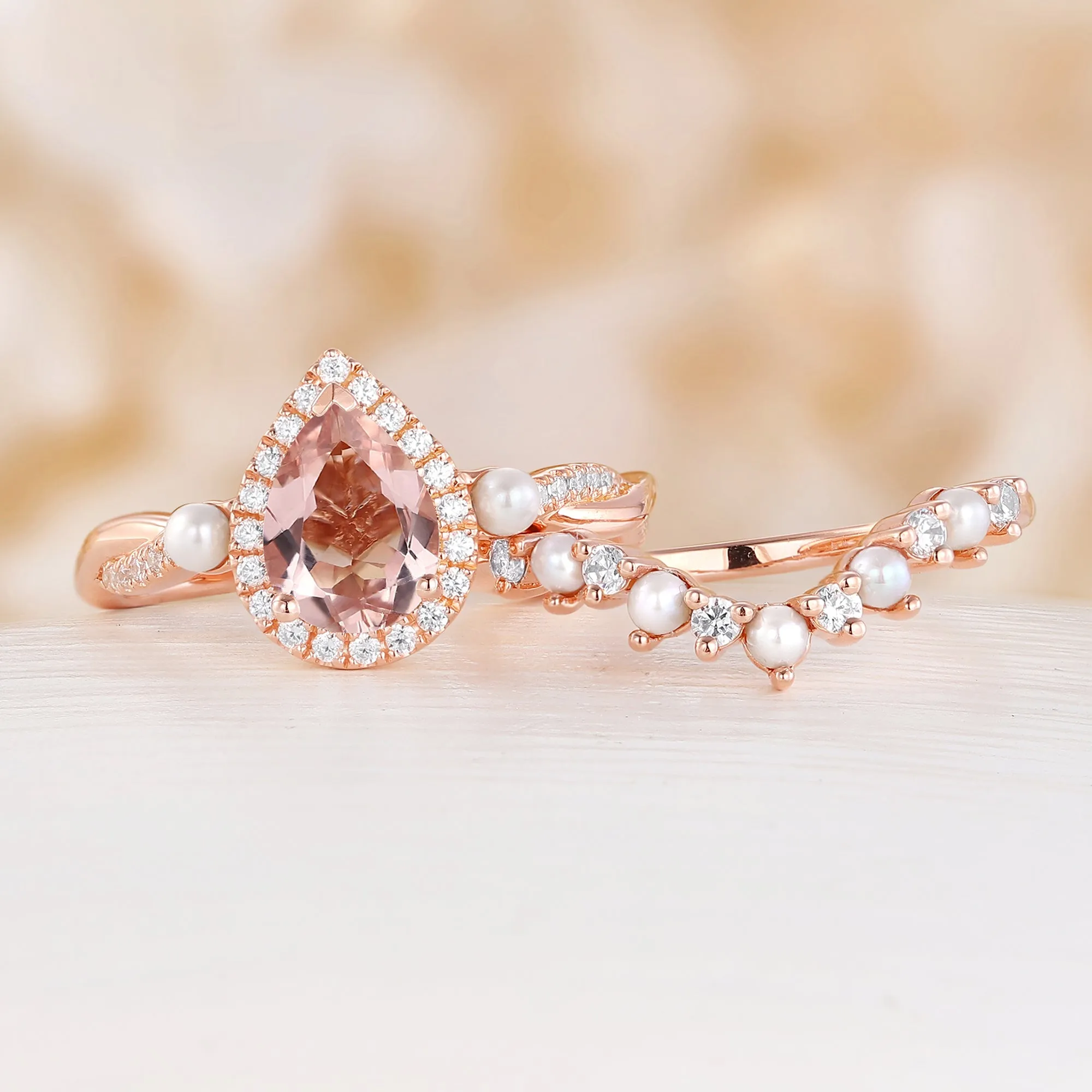 Orange Pink Morganite Engagement Ring Set Pearl Matching Band