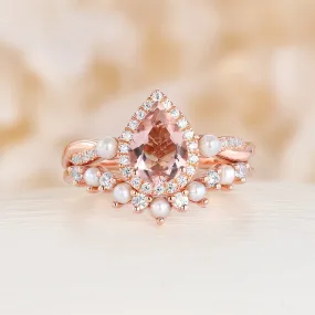 Orange Pink Morganite Engagement Ring Set Pearl Matching Band