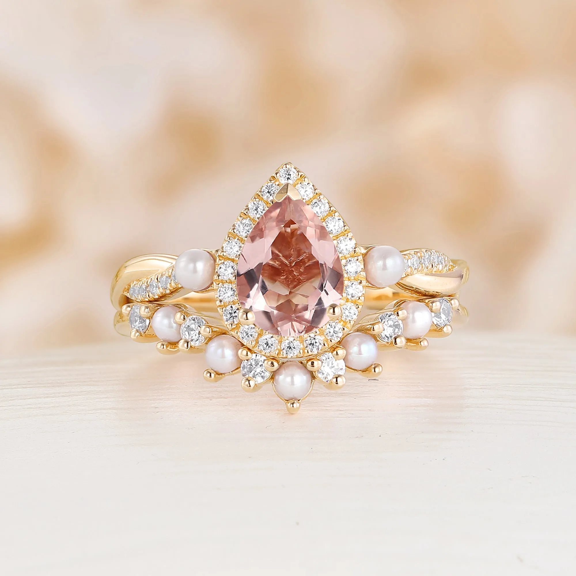 Orange Pink Morganite Engagement Ring Set Pearl Matching Band