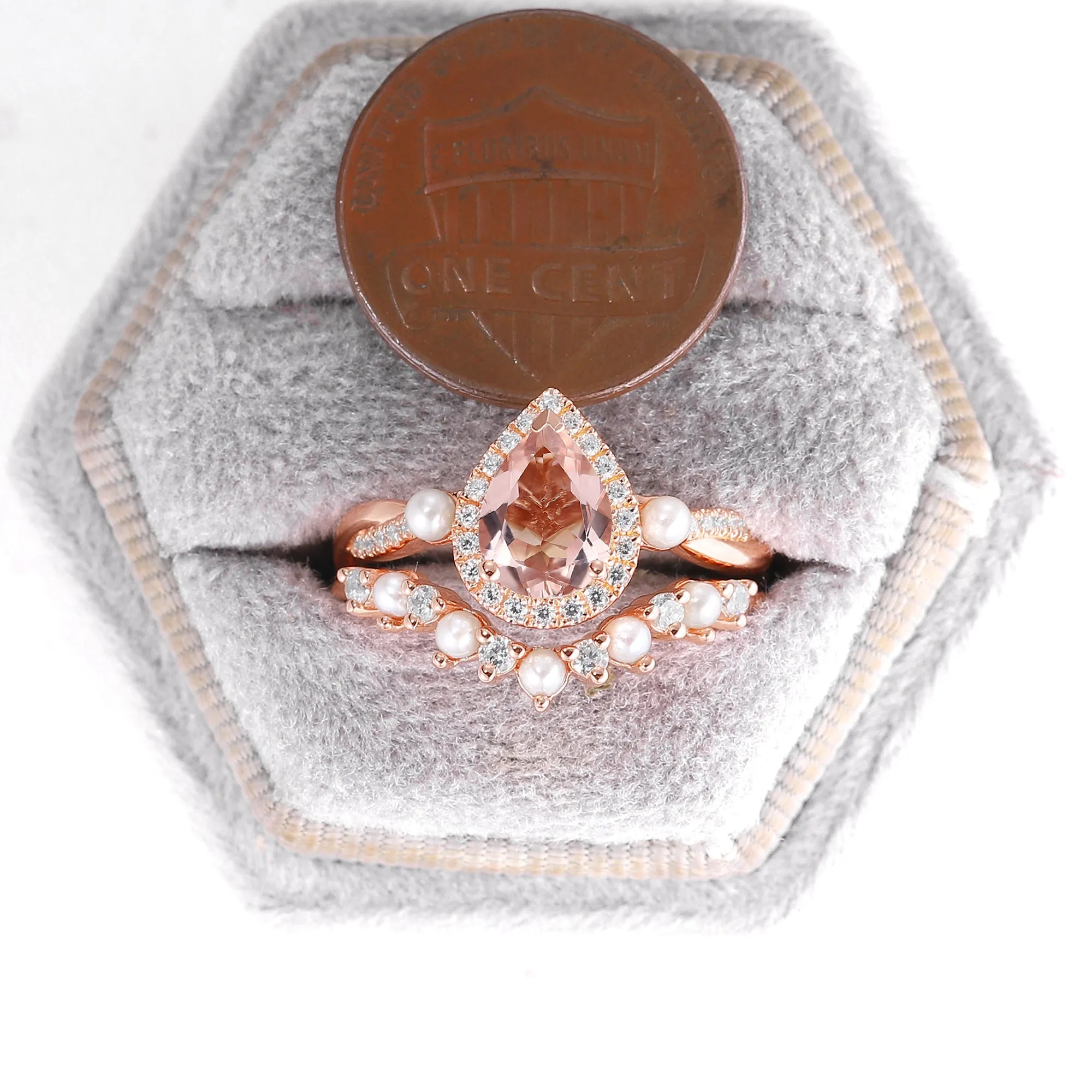 Orange Pink Morganite Engagement Ring Set Pearl Matching Band