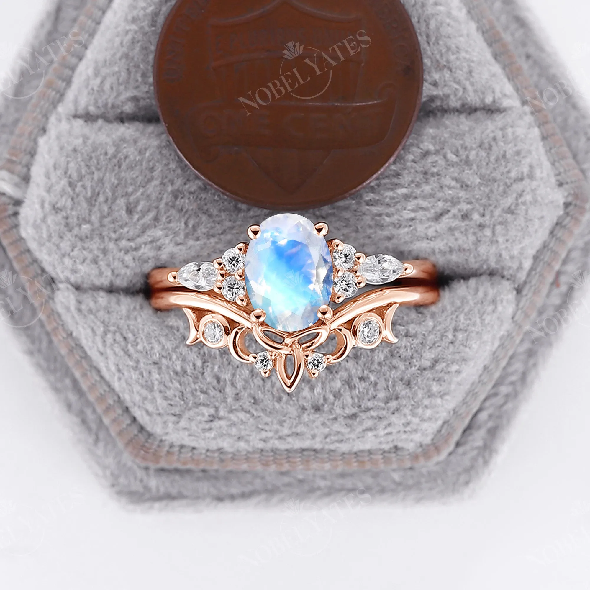 Oval Moonstone Celtic Cluster Engagement Ring Set Rose Gold