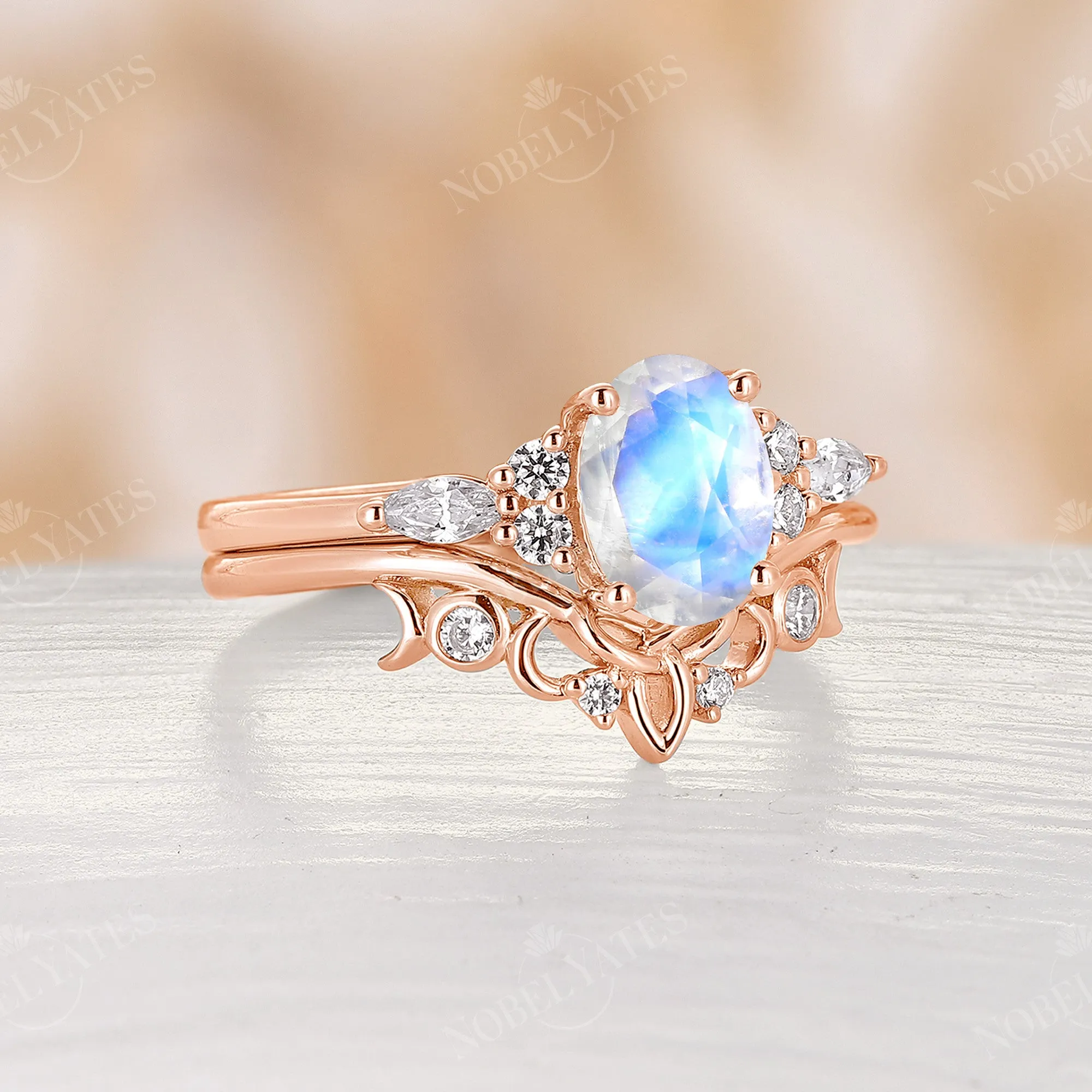 Oval Moonstone Celtic Cluster Engagement Ring Set Rose Gold