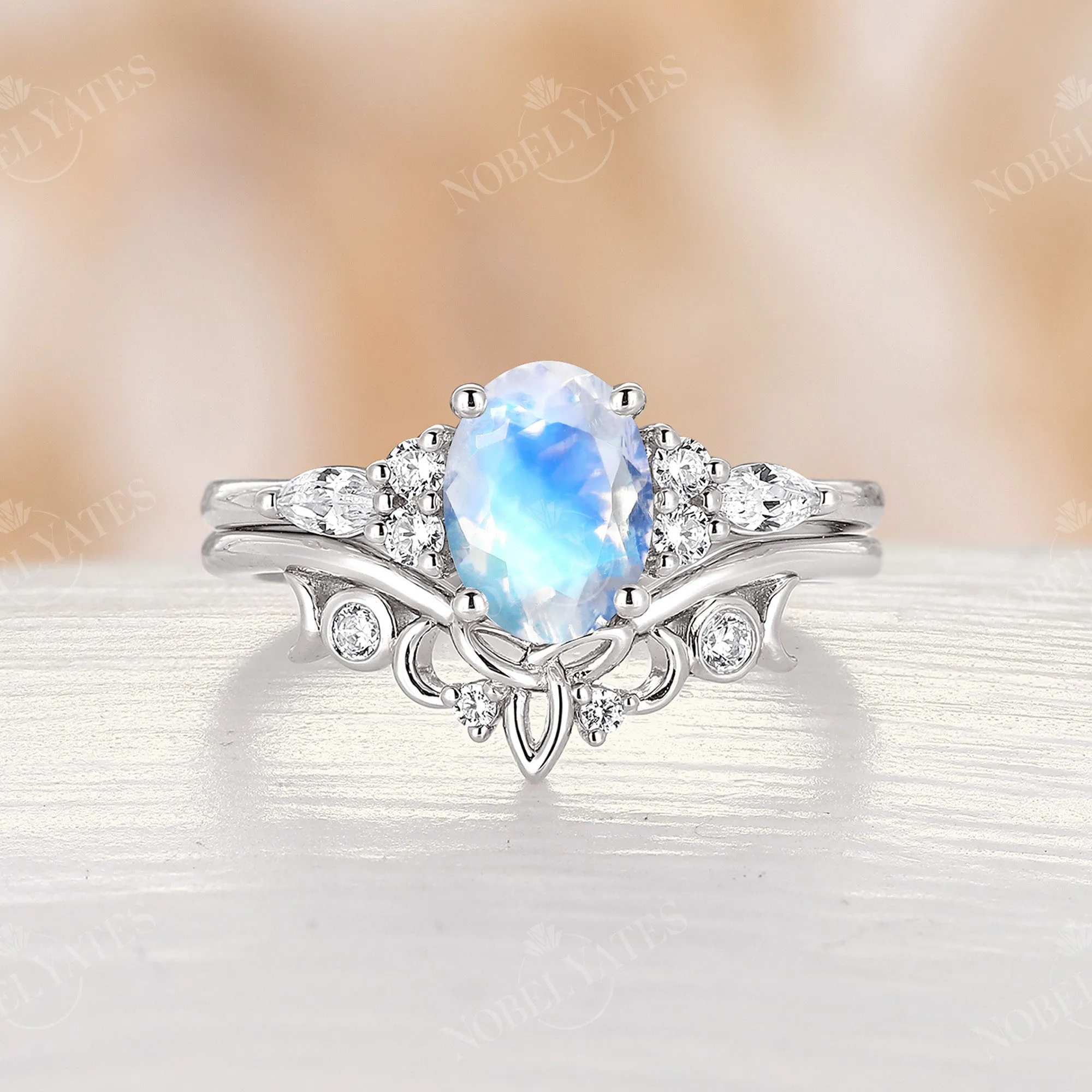 Oval Moonstone Celtic Cluster Engagement Ring Set Rose Gold