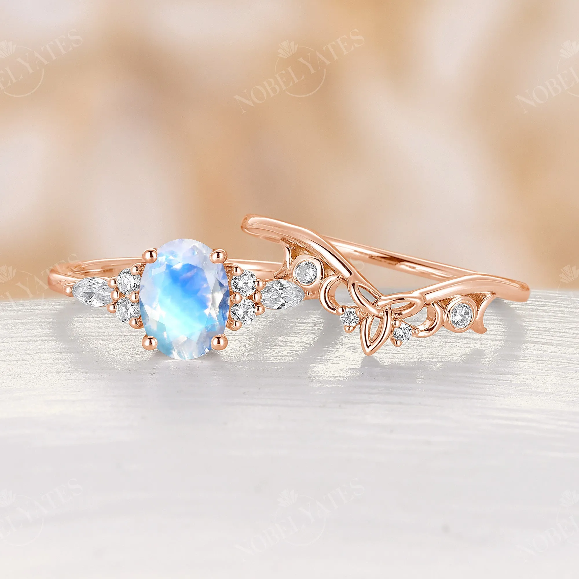 Oval Moonstone Celtic Cluster Engagement Ring Set Rose Gold