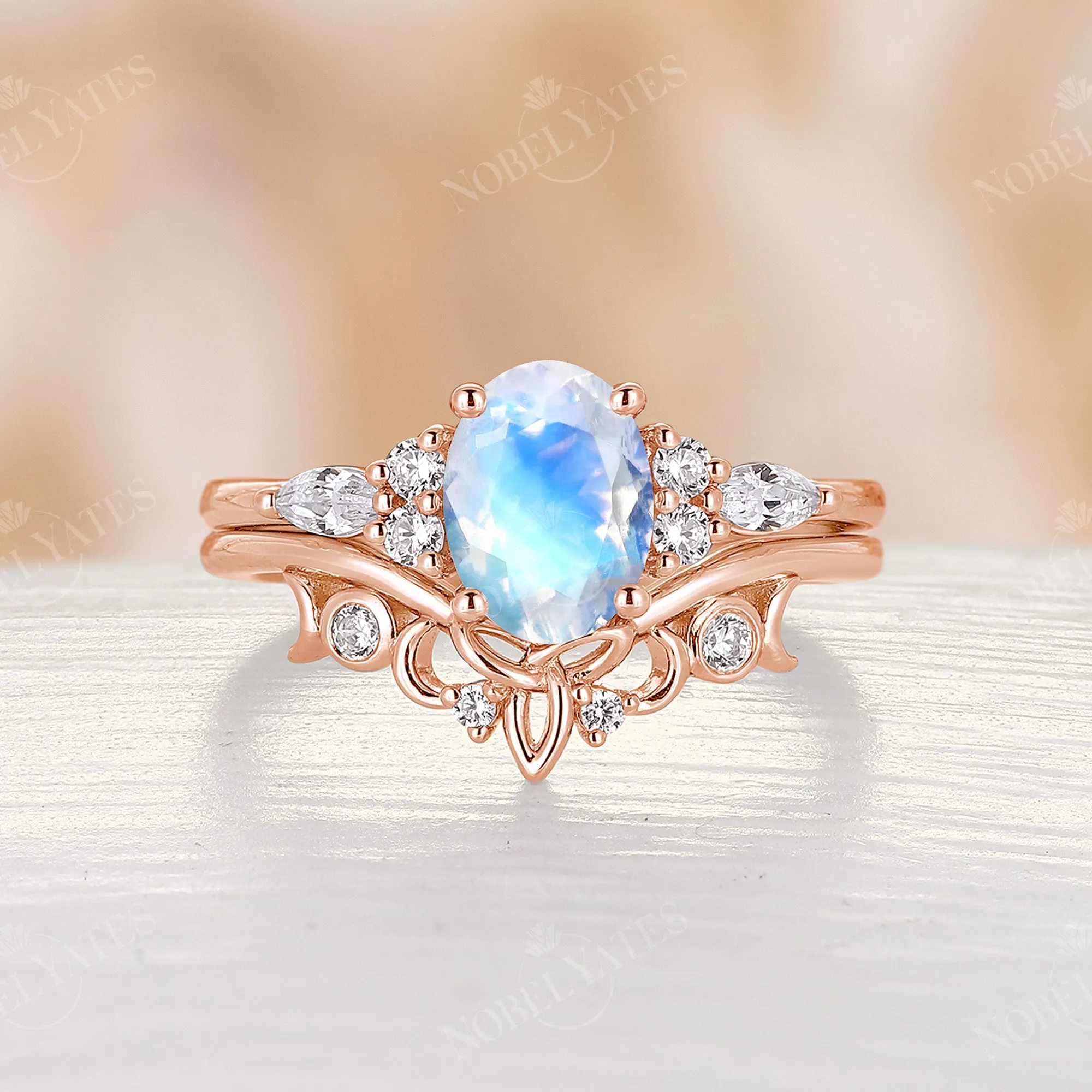 Oval Moonstone Celtic Cluster Engagement Ring Set Rose Gold