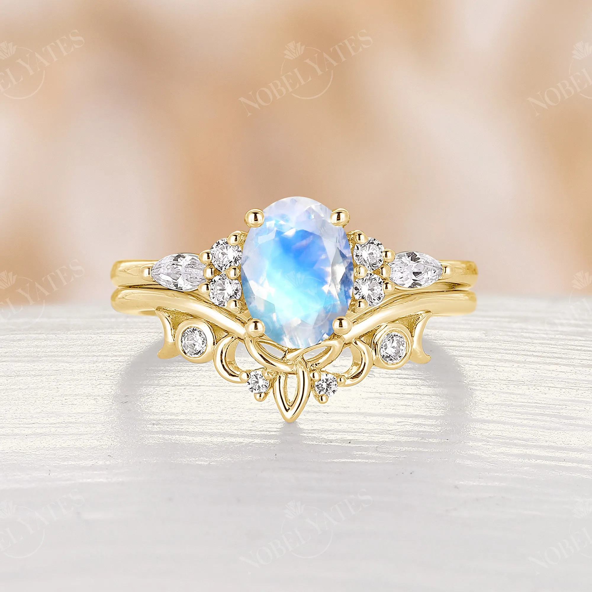 Oval Moonstone Celtic Cluster Engagement Ring Set Rose Gold