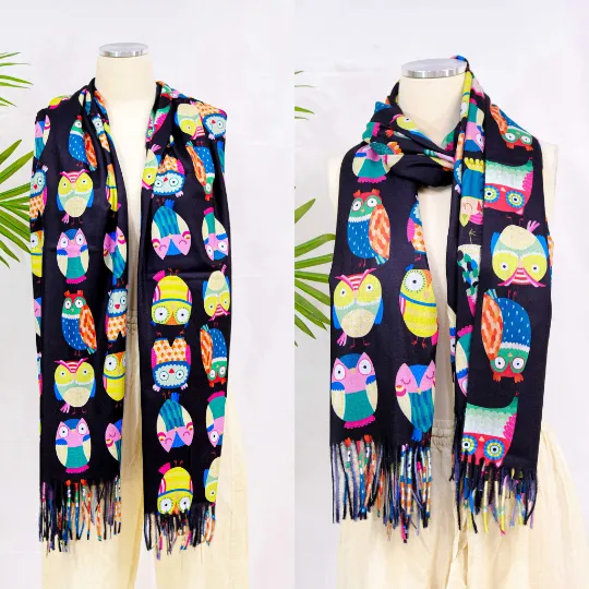 Owl Print Oversized Scarf with Fringe