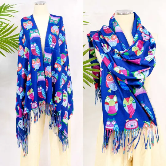 Owl Print Oversized Scarf with Fringe