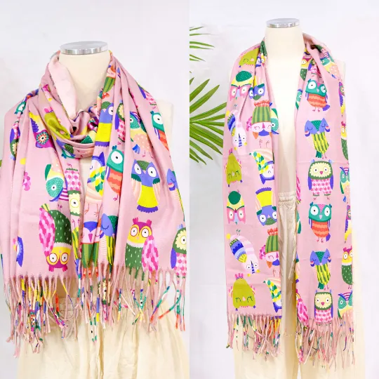 Owl Print Oversized Scarf with Fringe