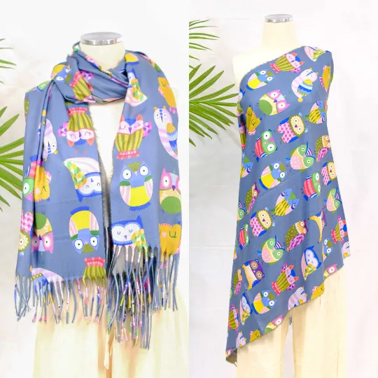 Owl Print Oversized Scarf with Fringe