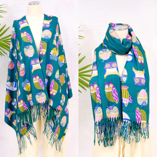 Owl Print Oversized Scarf with Fringe