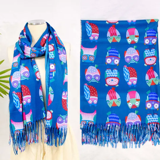 Owl Print Oversized Scarf with Fringe