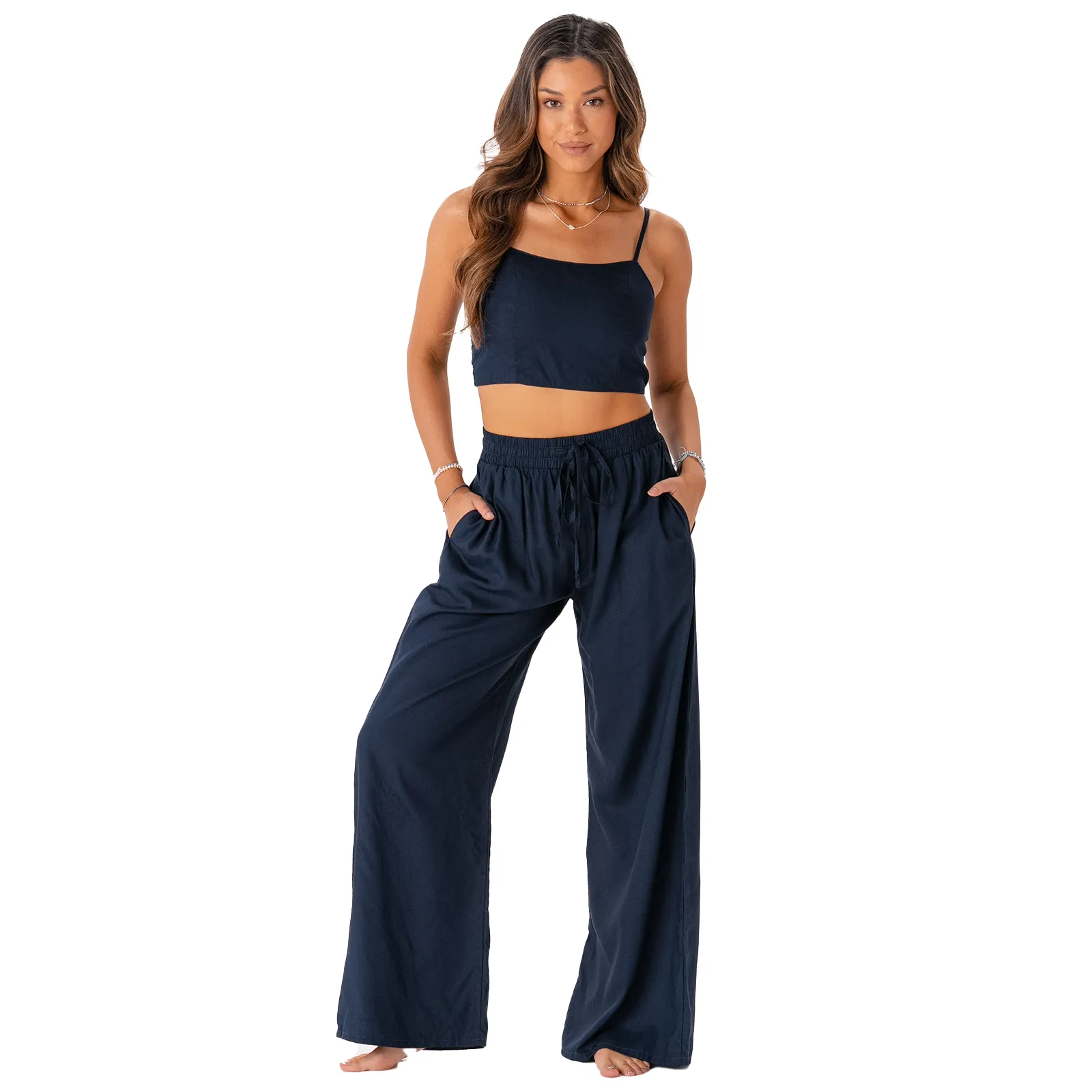 Oxford Wide Leg Drawstring Pants