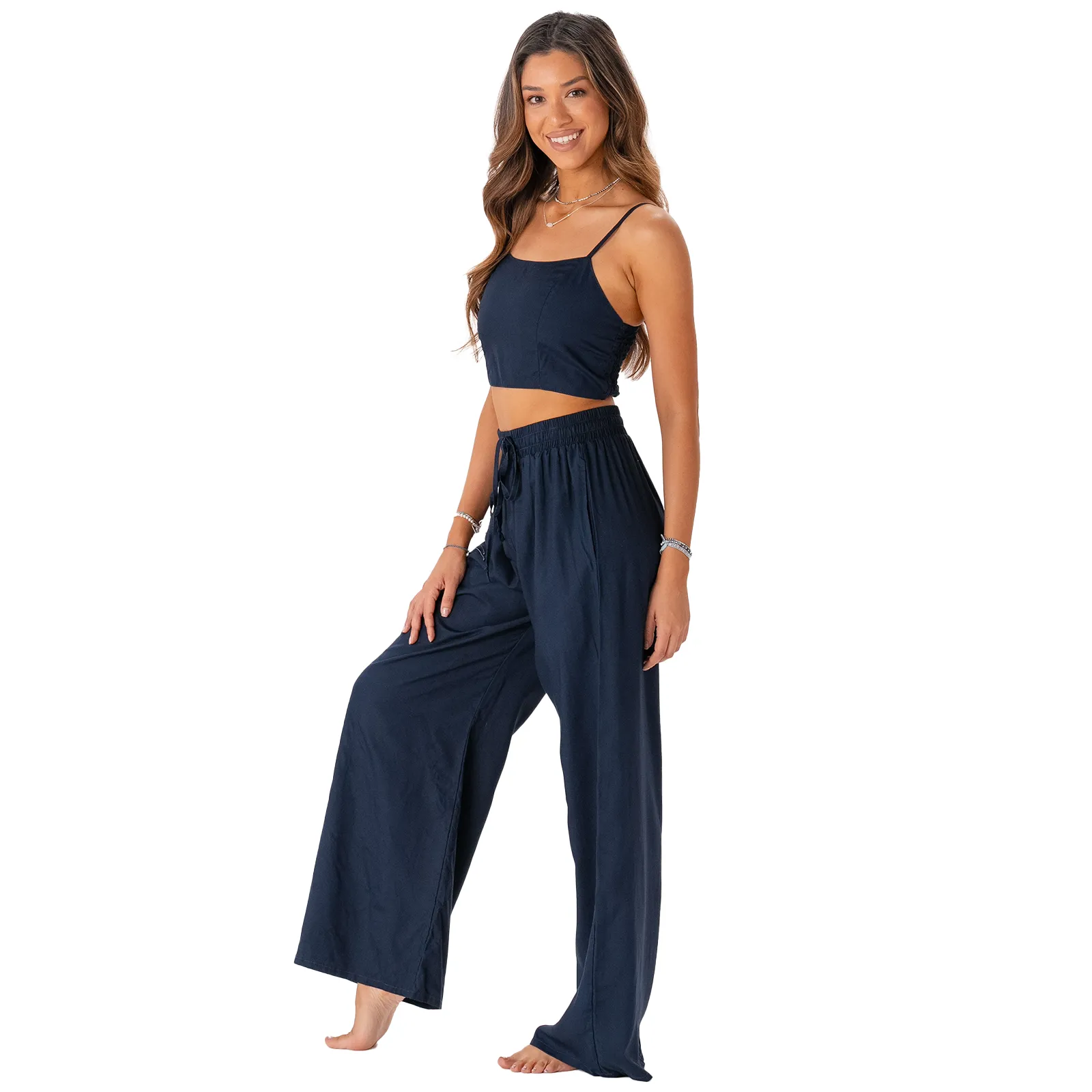 Oxford Wide Leg Drawstring Pants